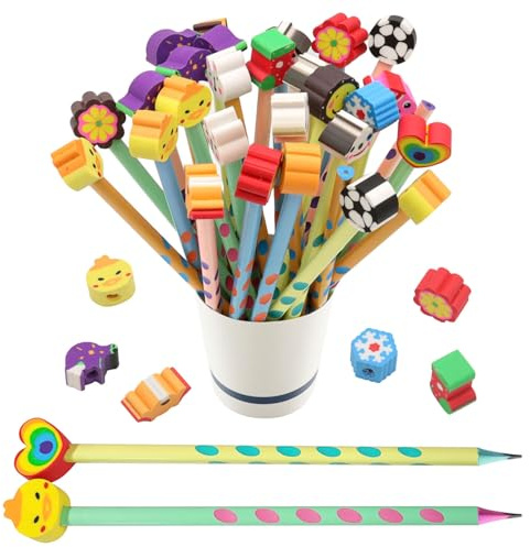 ZOCONE 40 Piezas Lapices Niños Divertidos HB Lápiz con 40 Goma de Borrar de Dibujos Animados Lápices de Madera Kawaii Lapices Infantiles Triangular HB Lápices Divertidos para Niños Regalo Colegio