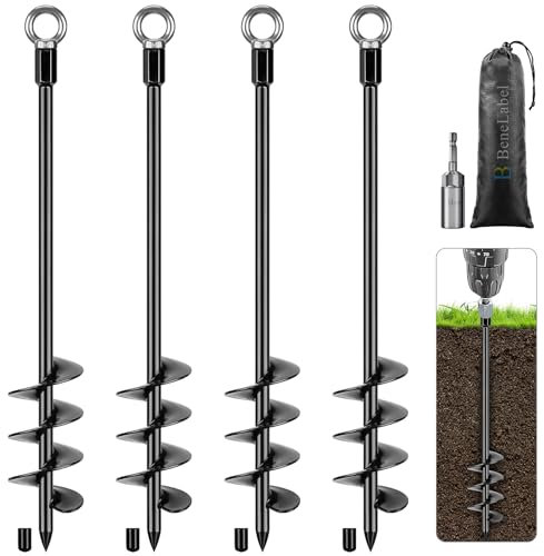 BeneLabel Tent Peg Heavy Duty, 61cm Ground Anchor Screw Trampoline Stake 4pcs Metal Earth Sand Spiral Wind Storm Spike for Swing/Camping/Shed/Dog/Carport/Canopy with Fixed Ring, Black