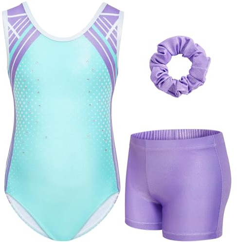 Gogokids Gymnastikdräkter, glittrande dansdräkter med strass, cykeldräkter med shorts, träningskläder för flickor på 3–12 år, Blå (Lake blå), 6-7 �r