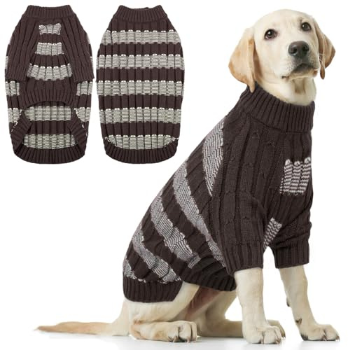 Hjumarayan Suéter Perro Grande, Cálido y Elástico Sueter Perro Invierno Ropa Labrador, Diseño a Rayas Jersey Punto con Agujero para Correa para Salidas Rápidas, Marrón XXL
