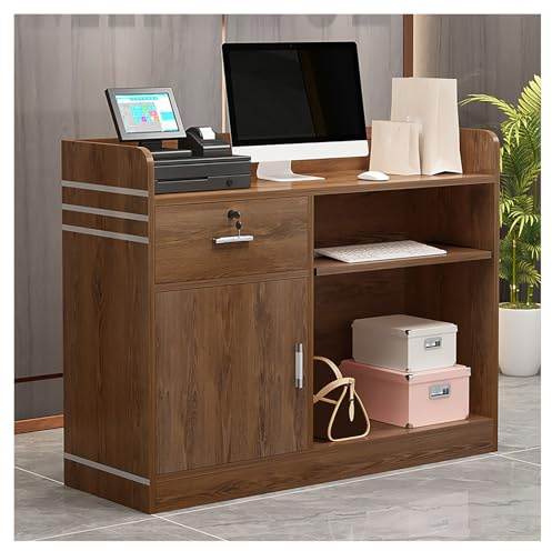 Rezeptionstisch, klein, stehend, mit abschließbarer Schublade, moderner Holztisch für Salon, Lobby, Büro, Zuhause (80 x 41,9 x 91,4 cm, helles Walnuss)