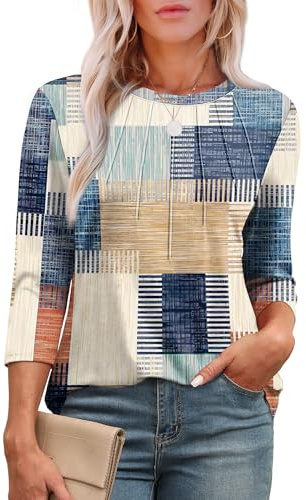 XIEERDUO Womens 3/4 Sleeve Tops Ladies Blouses Crew Neck Pleated Shirts Fashion Dressy Tunic Blouses Size 14-16 Blue Beige Plaid L