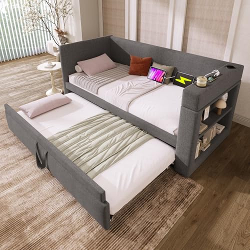 BTM Daybed, Upholstered Single Bed with Cup Holders, USB & Type-C Charging Station, Sofa Bed with Pull Out Trundle for Living Room and Bedroom, 3ft-90x190cm, Linen, Grey (No Mattress)