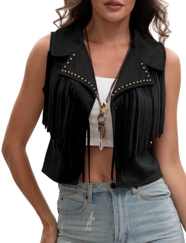 FEOYA Women's Tassel Vest 70s Hippie Faux Suede Rivets Fringe Jacket Sleeveless Vintage Cowgirl Cardigan Open Front Boho Waistcoat