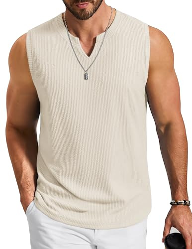 COOFANDY Men's Soft Touch Knitted Vest V Neck Sleeveless Tank Top Airy Textured Undershirt for Beach Lounge, Beige, X-Large