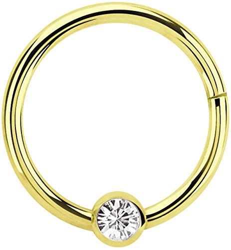 Modern Nature Piercing-Schmuck Lippenpiercing 316l Stahl Ring BCR Gold, Clicker 1,2 x 8 mm mit 3 mm Steinplatte in klar