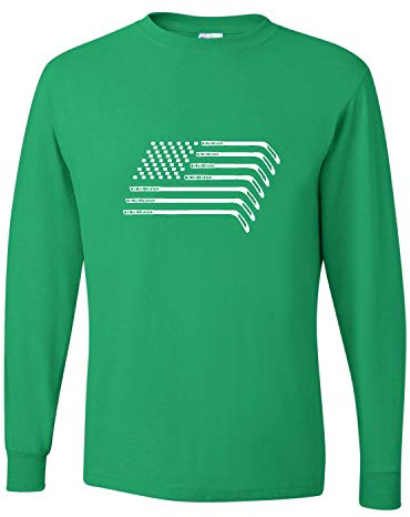Go All Out Small Kelly Adult Hockey Sticks & Pucks American Flag Long Sleeve T-Shirt