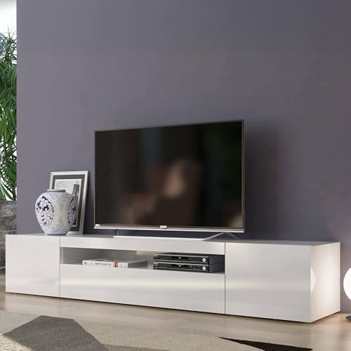 Dmora - Meuble TV Jesse, Buffet bas de salon avec 3 portes, Base pour meuble TV, 100% Made in Italy, 200x40h37 cm, Blanc brillant
