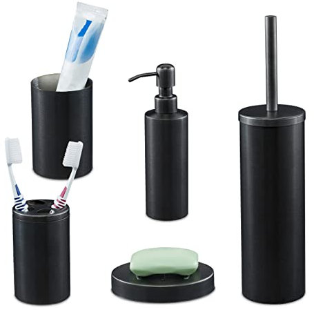Relaxdays 5 Accessori Set Bagno Completo, Acciaio Inox Spazzolato, Scopino WC Portaspazzolino, Design Moderno, Antracite