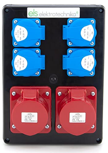ELS Elektrotechnika Schwarz Steckdosenverteiler Wandverteiler Baustromverteiler Schuko Steckdosen 4x 230V + 2x CEE 16A, Anschlussfertig, Verkabelt, für Werkstatt, Garage, Fabrik, IP44