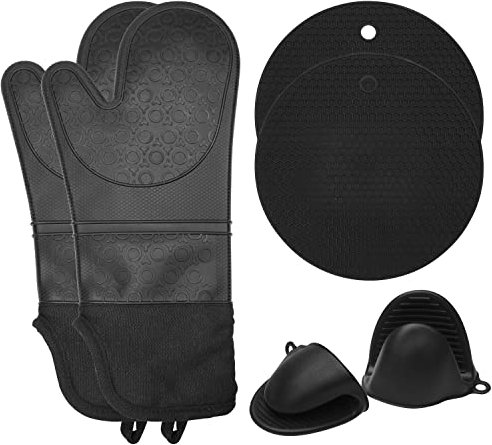 Funern Ofenhandschuhe Topflappen Topfhandschuhe Backhandschuhe Kochhandschuhe Oven Mitts 6er Set Anti Rutsch Silikondesign + Schlaufen zum Aufhängen (Schwarz b)