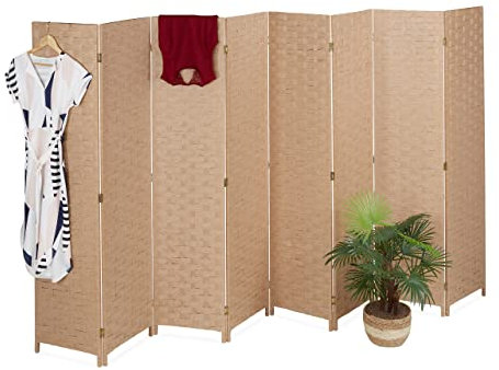 Relaxdays Paravent, 8-teilig, Raumtrenner faltbar, HxB 170x320 cm, Sichtschutz innen, Holz, Papierseil, Trennwand, Natur