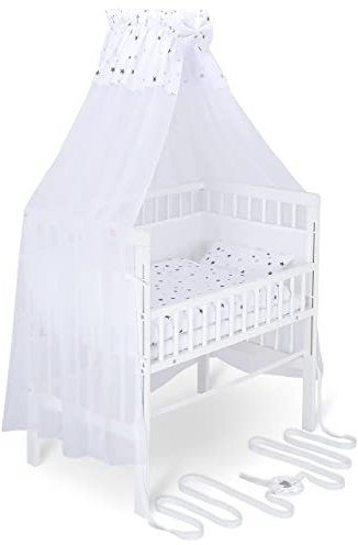 FabiMax Baby Beistellbett für Boxspringbett, TÜV geprüft 2022, inkl. Matratze und Komplett Set, Buche massiv weiß, Comfort/graue Sterne auf weiß