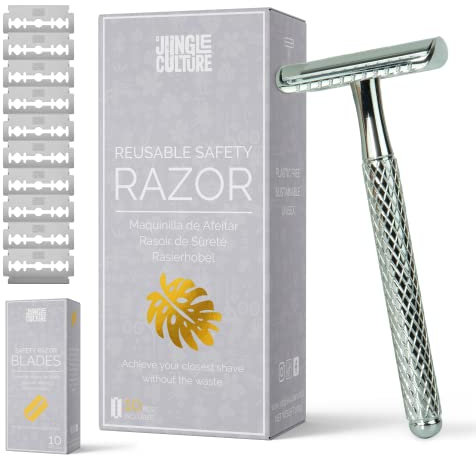 Jungle Culture® Rasierhobel Damen inkl 10 Klingen • Umweltfreundlicher Nassrasierer für Frauen in Silber • Einzelklingen Metall Rasierer für Körper & Gesicht, Beauty Geschenk Tasche • Safety Razor