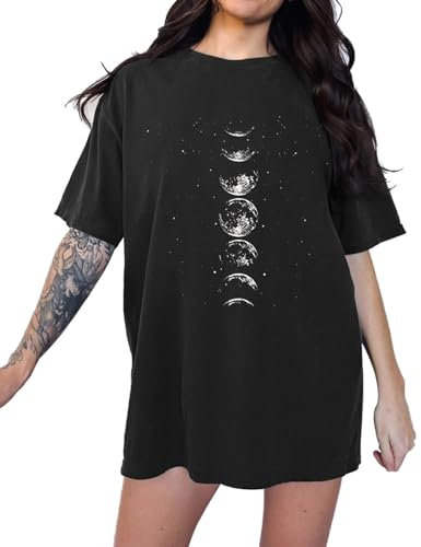 Eunike Oversize Shirt Damen Rundhals Kurzarm Oberteile Sommer Lockere Lange Tshirts Mond Tunika Lässig Schwarz-weiß S