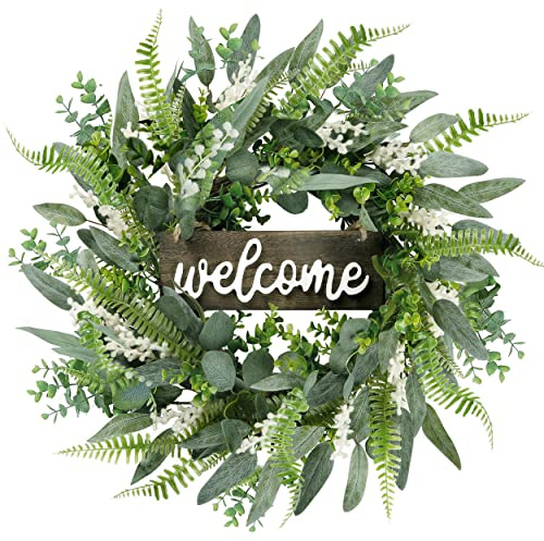 Sggvecsy Green Artificial Eucalyptus Wreath with Welcome Sign 20in Mixed White Berries Spring Summer Wreath for Front Door Wall Window Farmhouse Festival Porch Patio Garden Decor