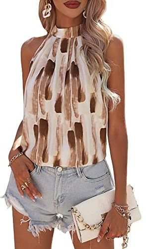 WDIRARA Women's All Over Print Halter Top Sleeveless Summer Boho Blouses Top Coffee Brown Large