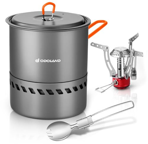 Odoland Camping Geschirr Set, Outdoor Kochutensilien Töpfe mit Brenner und Herd Faltbares Kochgeschirr für Wandern, Trekking, Angeln und Backpacking