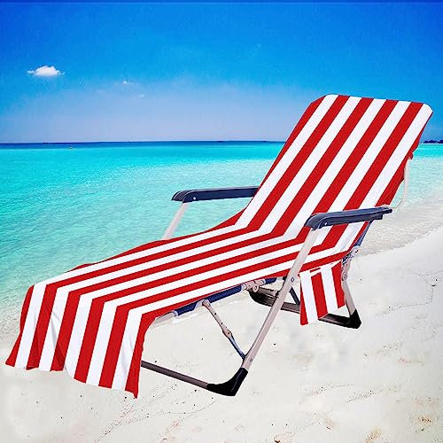 Chickwin Streifen Schonbezug für Gartenliege Frottee Liegenauflage mit Kapuze | Strandliegenauflage mit 2 Taschen Stuhl Strandtuch für Gartenliege Liegenauflage,Sonnenliegen (75x200cm,Rot)