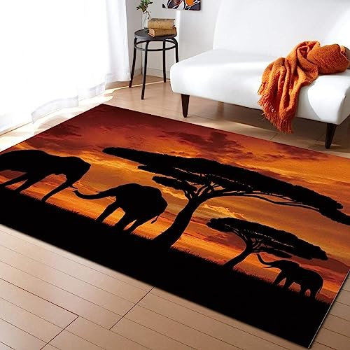 TEMLAN Afrikanischer Tierelefant Teppiche Gegend, Tropische Afrikanische Tierwelt Bei Sonnenuntergang Flauschiger Teppich für Küche und Balkon Dekor Schlafzimmer Wohnzimmer Bodenteppich 120 x 180cm
