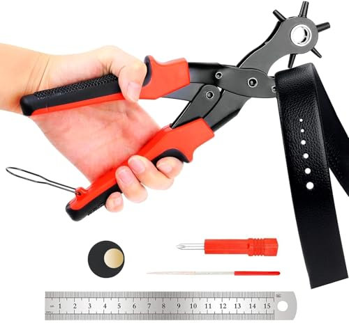 RISVOWO Sacabocados Cuero, Agujeros Cinturon Sacabocados con 6 Tamaños 2-4.5 mm, Pinza de troquelado giratorios, Herramienta de Alicate para perforar tarjetas, correas de reloj, zapatos de cuero