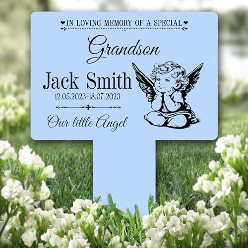 Grandson Cute Angel Blue Remembrance Garden Plaque Grave Marker Memorial Stake |Personalised In Loving Memory Remembrance Memorial Plaque Grave Decoration Marker Garden Ground Stake