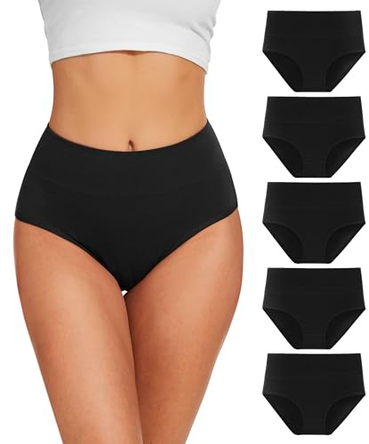 YESWEL Women's Knickers Underwear Size 14, High Waisted Cotton Ladies Pants Tummy Control Briefs 5 Pack, (Black L)