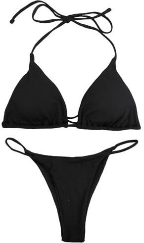 Wisebom Maillot de Bain Femme Deux Pièces Triangle Bikini pour Femme Réglable Corde à Cravate de Swimwear Triangle Réglable Bikini (FR/ES, Alpha/Lettres, Grand, Taille Normale, Taille Normale, Noir)