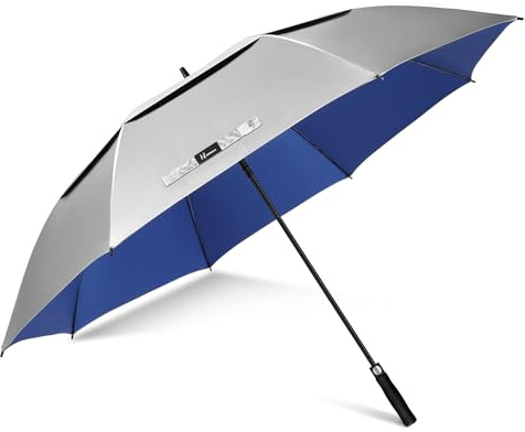 NINEMAX UV Stort Golfparaply 51 Tum,UV Skydd Automatiskt Öppet Golfparaply,Vindtätt Stark Dubbelt Skärmtak för Kvinnor Män(Silver/Blå)