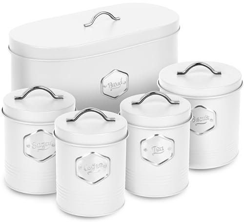 HEFTMAN White Kitchen Canister Set - Stylish 5 Piece Kitchen Storage Canisters for Bread, Biscuits - Sugar Coffee Tea Storage Set with Airtight Lids, Labelled Containers (5 PCS)