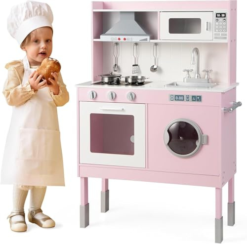 GOPLUS Cocina de Juguete de Madera con Sonido Realista, Cocinita Infantil con Estantes de Almacenaje, Especieros y Escurreplatos, Juego de Imitación de Comedor para Niños de 3 Años+