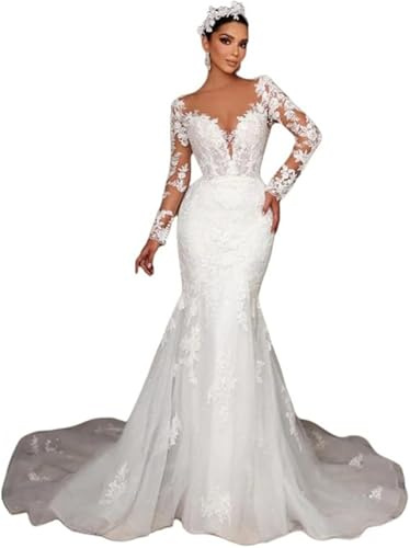 TSxuelian Women's Long Sleeve Mermaid Wedding Dresses for Bride Lace Applique Beach Boho Bridal Gowns with Removable Train Ivory