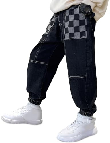 Baogaier Jeans Pojke Baggy Lös passform Byxor med elastisk midja Långa Denimjeans Barn Casual Stretch Ben Tapered Denim Jeans Mångsidig Mode Byxor för Pojkar 6–14 år, Latex svart, 7-8 �r