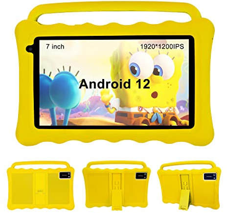 BYYBUO 7 inch Kids Tablet, Android 12 Tablets for Kids with Case, 32GB Toddler Tablet with WiFi, Kids Software Pre-Installed, Dual Camera (Yellow)