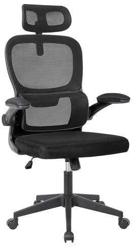 Silla de oficina ergonómica con respaldo de malla transpirable y reposacabezas ajustable | Asiento acolchado, reposabrazos abatibles y base resistente con ruedas giratorias | Diseño moderno