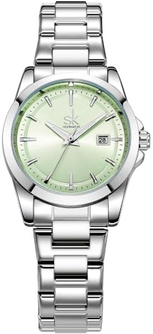 SHENGKE Relojes Minimalistas De Cuarzo para Mujer con Fecha Brazalete De Acero Inoxidable Y Esfera De Color A La Moda (Plata-Verde)