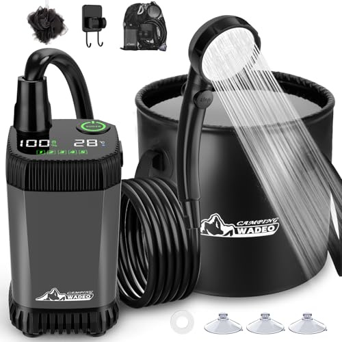 WADEO Douche Portable Camping, [Seau Pliable 20L] Douche Extérieure Électrique Rechargeable pour Camping, Vanlife, Randonnée, Voyage, Plage, Chien, Camping-Car (Gris – 4500mAh)