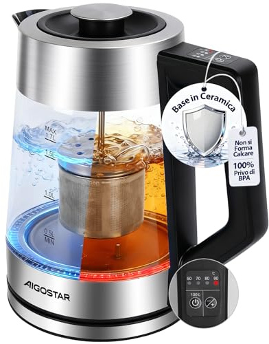 Aigostar Hervidor de Agua Electrico con Regulador de Temperatura, Revestimiento Cerámico Anti-Sarro, 1,7 Litros Tetera Electrica de Acero Inox & Cristal, 2200W Rápido, Función Mantener Calor, BPA Free