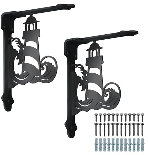 SUPERDANT 2PCS Lighthouse Shelves Brackets Heavy Duty Decorative Shelf Bracket Black Iron Wall Shelf Brackets with Screws for Kitchen Bookshelf Fireplace Mantel Corbels Corner Brace Gifts