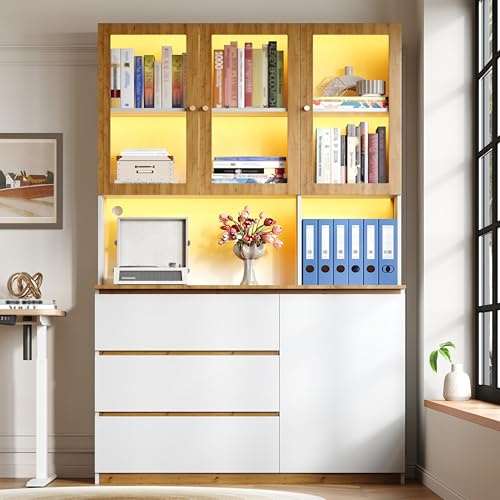 Fppuueg Vitrina Cristal Alacena de Cocina con Iluminación LED y 3 Cajones, Vitrina Mueble Auxiliar de Comedor con Gestión de Cables, Vitrina Expositora, Armario Alto, 120x40x200 cm, Blanco y Roble