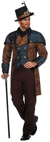 shoperama Steampunk Men's Suit Brown/Blue Frock Coat Trousers Costume Victorian High Quality Coat Jacket Victorian Industrial, brown/blue, 48 cm