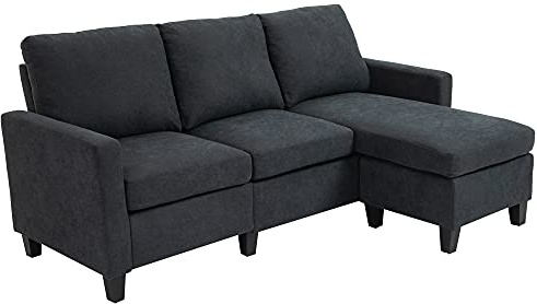 HOMCOM Canapé d'angle canapé 3 Places avec méridienne réversible Gauche ou Droite pour Salon, Bureau, Appartement, Tissu Polyester 197L x 139l x 91H cm Gris foncé