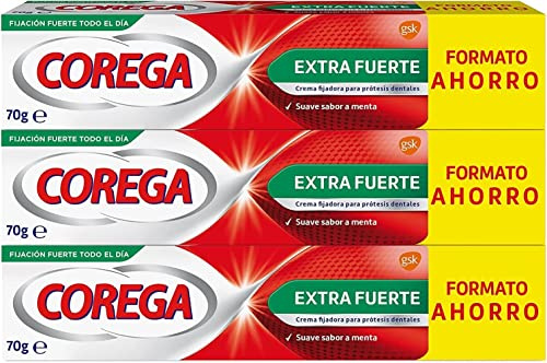 Corega Crema Fijadora Para Prótesis Dentales, Extra Fuerte, Durante Todo el Día, Sabor a Menta Fresca, Pack 3 Unidades x 70 g