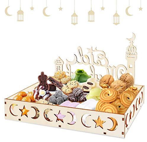 Atuoxing Ramadan, piatto Eid Mubarak, vassoio in legno, vassoio da dessert, piatto in legno con motivo luna e stella, decorazione Ramazan, per caramelle, torte, biscotti, decorazione da tavolo