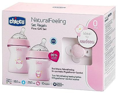 Chicco NaturalFeeling Set Antikolika und Schnuller, 0 Monate, 150 ml, weiches und doppeltes Silikon, Anti-Kolik-Ventil, natürliche Fütterung und gemischte Stillzeit, Rosa