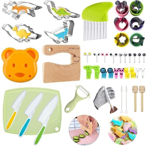 LETTO & TAILOR Set di coltelli e forme per il pane e le verdure per bambini, 47 pezzi, forme per biscotti, frutta, sandwich e taglierina per verdure, in forma di topolino e dinosauro
