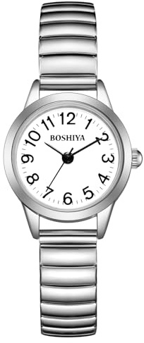 BOSHIYA Damen Armbanduhr Edelstahl Zugband Elegant Analog Quarz Uhr mit Großen Digital Zifferblatt Elastisch Armband Kleine Armbanduhr Damen Silber