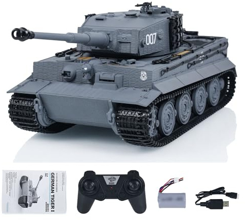 wheelfun Taigen 1/24 RC Char de combat Tiger I - Véhicule militaire blindé télécommandé infrarouge - Châssis de fin terme LED Flash gris - Pour adultes unisexes