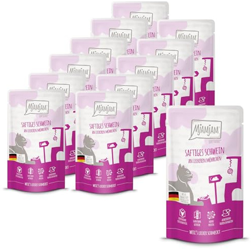 MjAMjAM - Premium nourriture humide pour chats - Quetschie - porc juteux aux carottes délicieuses, paquet de 12 (12 x 125g), sans céréales avec extra riche en viande