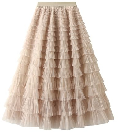 Jemsia Women's Tulle Skirt Midi Ruffles Tiered Cake Skirt Elegant Elastic High Waist A-line Petticoat Mesh Long Tutu Flowy Skirts for Prom Homecoming Birthday Party, Apricot